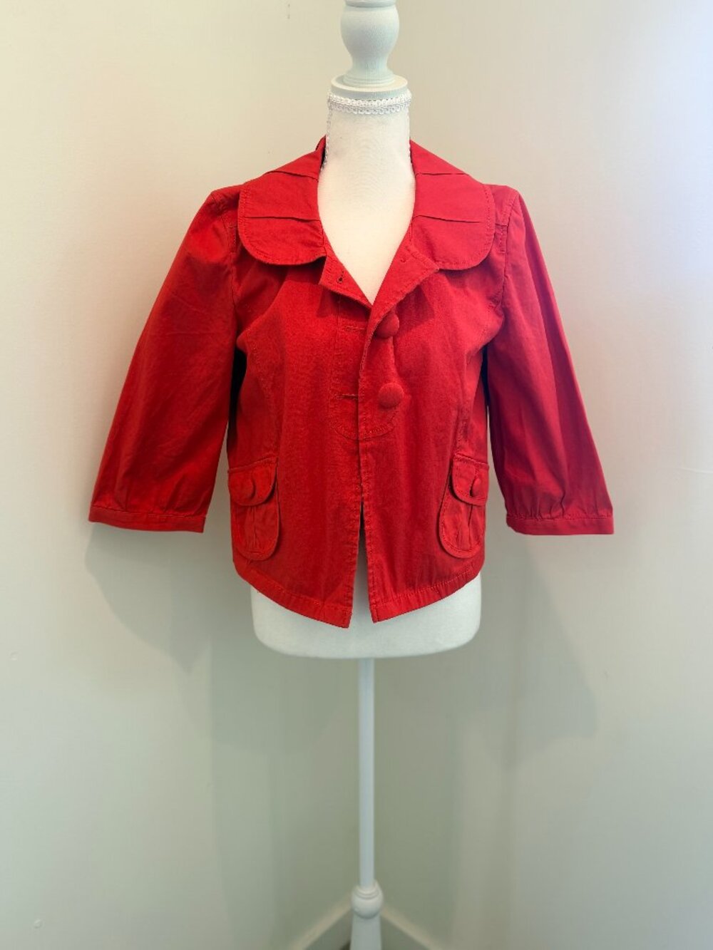 Ann Taylor Red Cropped Swing Jacket Portrait Collar 3/4 Sleeve Size S